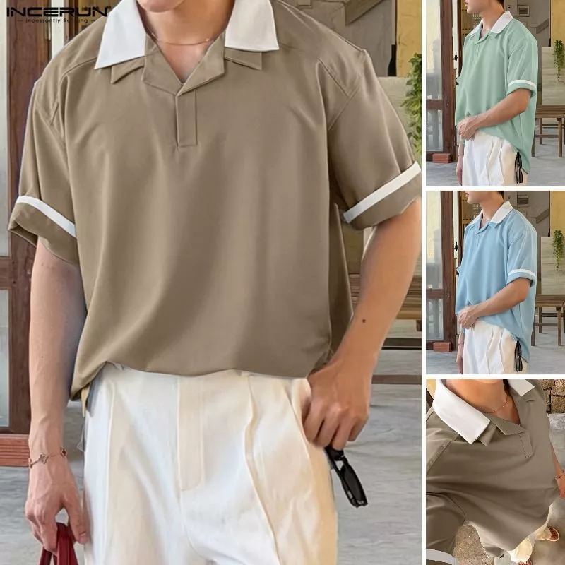 47% OFF INCERUN Men Korean Light Mature Style Elegant Lapel Short Sleeve Contrast Colors POLO Shirts