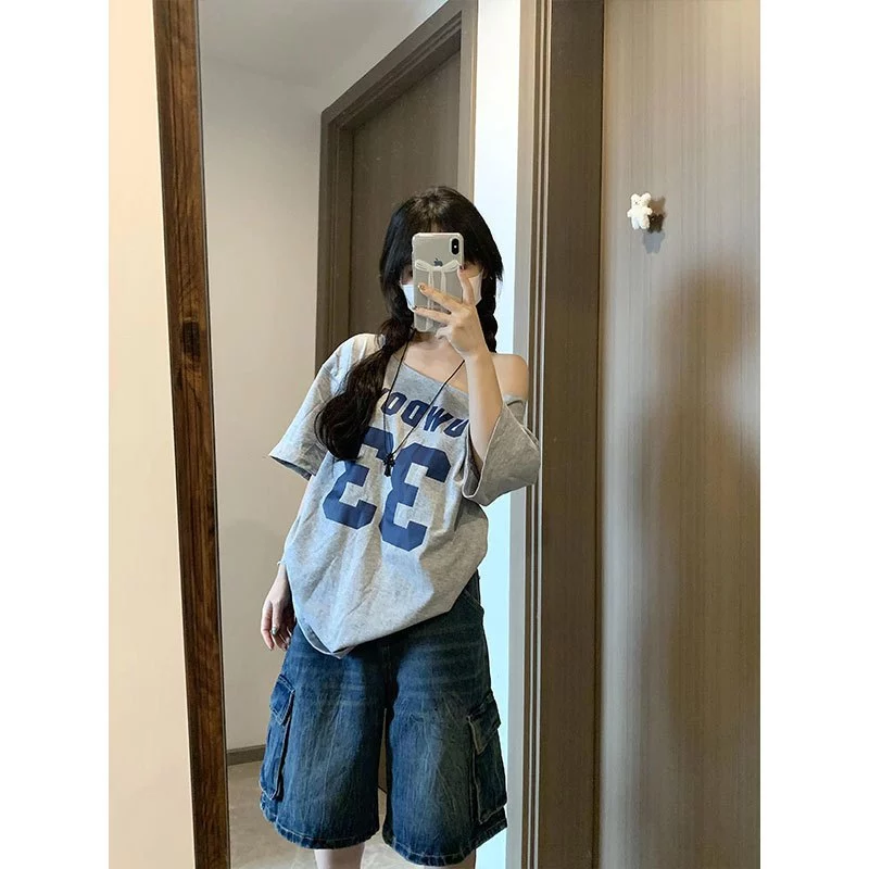63% OFF Crush Fashion American Retro Hot Girl Off-Shoulder Casual Loose Letter Short Sleeve Summer ldle Style Special-Interest Design Womens