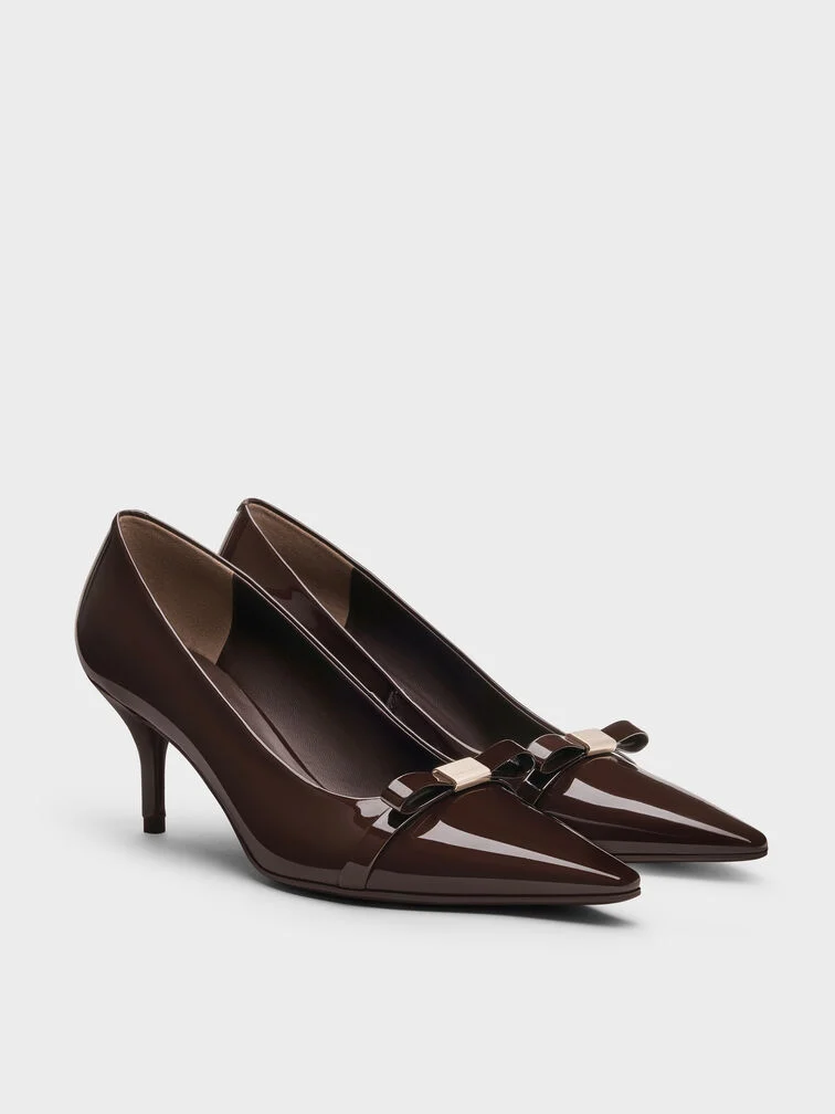 30% OFF Dorian Patent Bow Pointed Stiletto Pumps - Dark Brown
