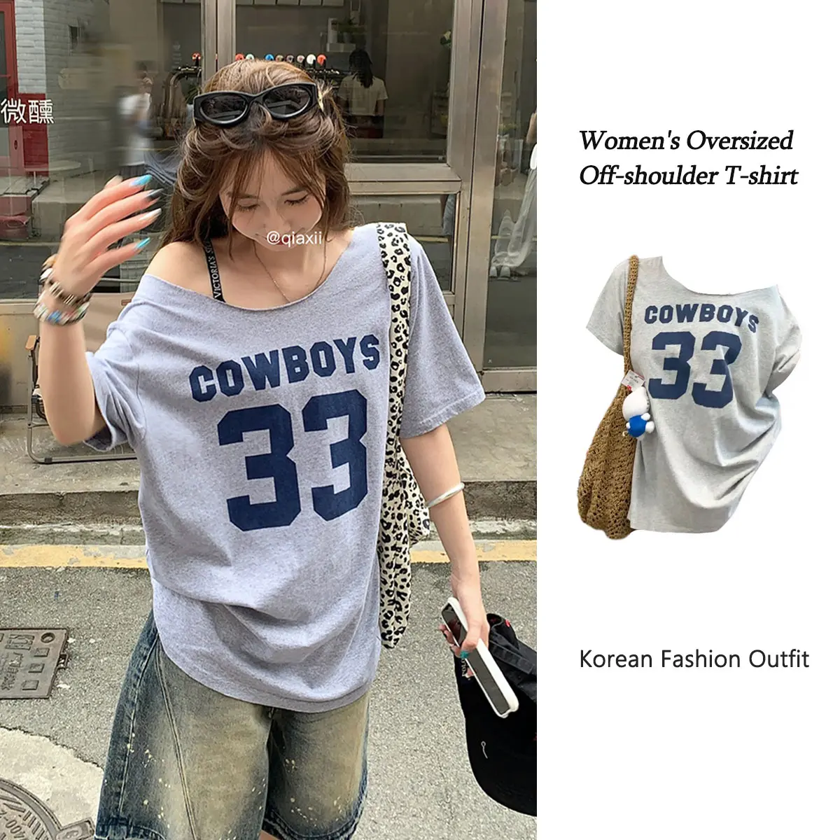 33% OFF SmartCheckout Asymmetrical Shoulder Shirt Retro Off-shoulder T-shirt for Women Korean Oversized Grey One-shoulder Printed T-shirt with Slanted Neck Streetwear Tops #2695