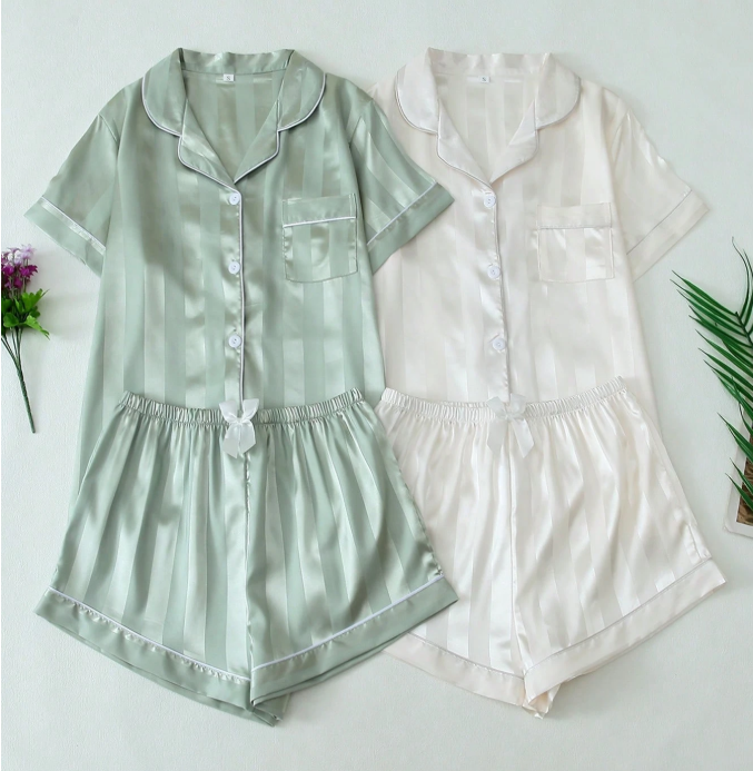 7% OFF [Dreamery]Striped Jacquard Women Satin Short Sleeve Shorts Pajama Set