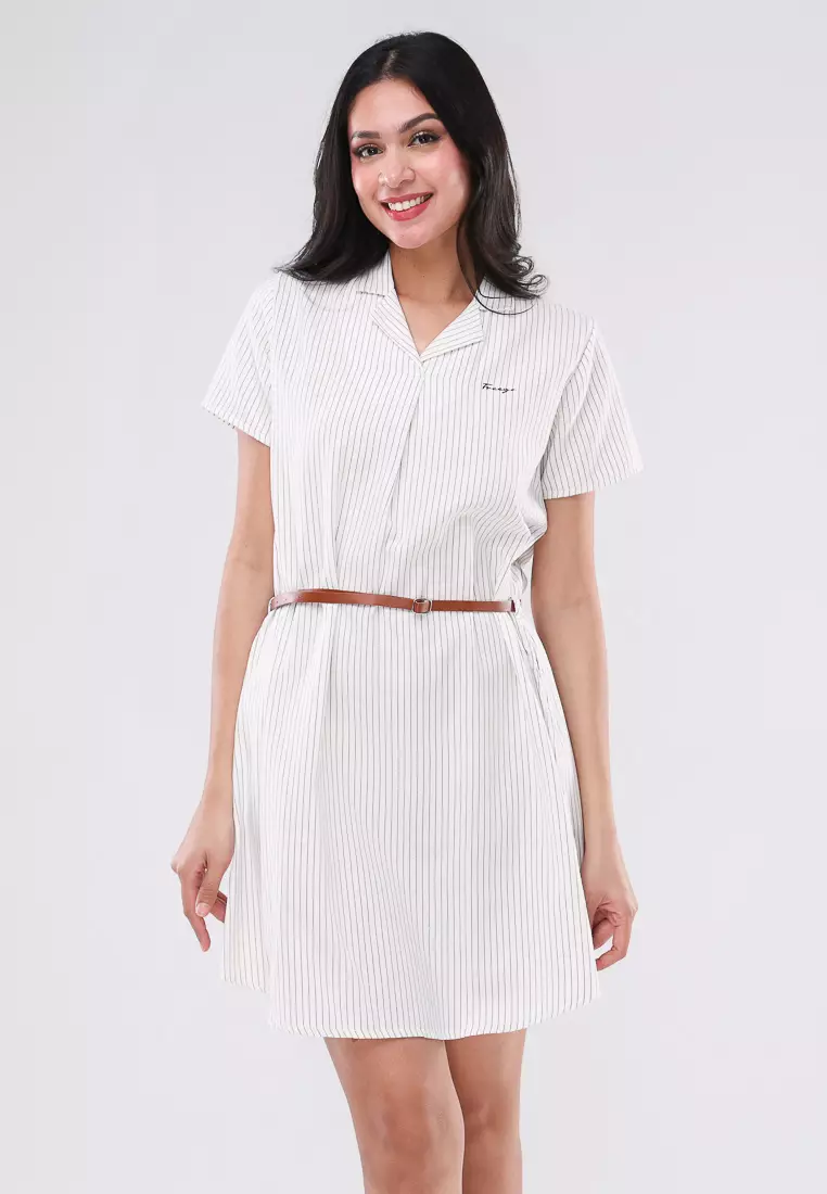 57% OFF Woven Stripes Oxford Short Sleeve Dress
