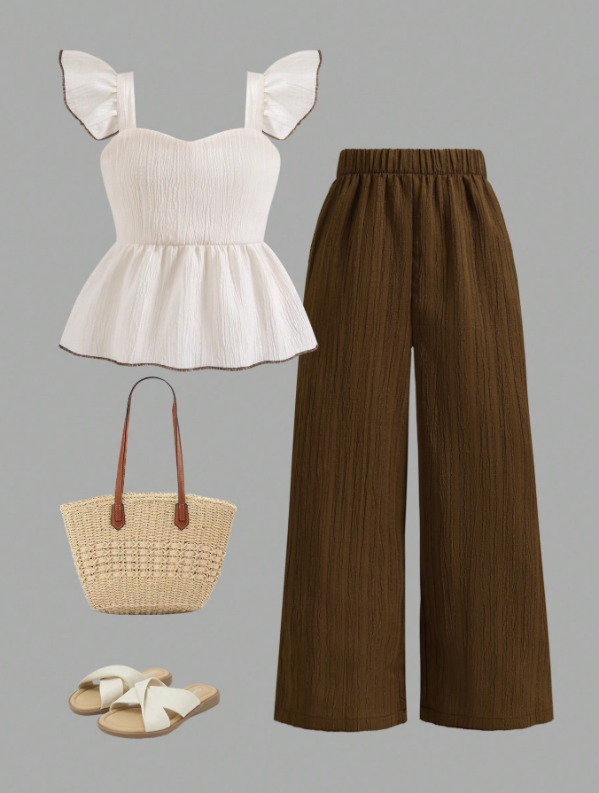 31% OFF 2pcs Girls' Summer Ruffle Strap Top And Wide-Leg Pants Two Pieces Set, Flutter Sleeve Vest, Straight-Leg Textured Crepe Casual Everyday Outfit