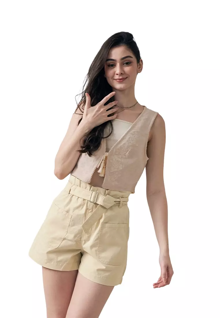57% OFF JUST G Highwaist Linen-Like Paperbag Shorts With Belt