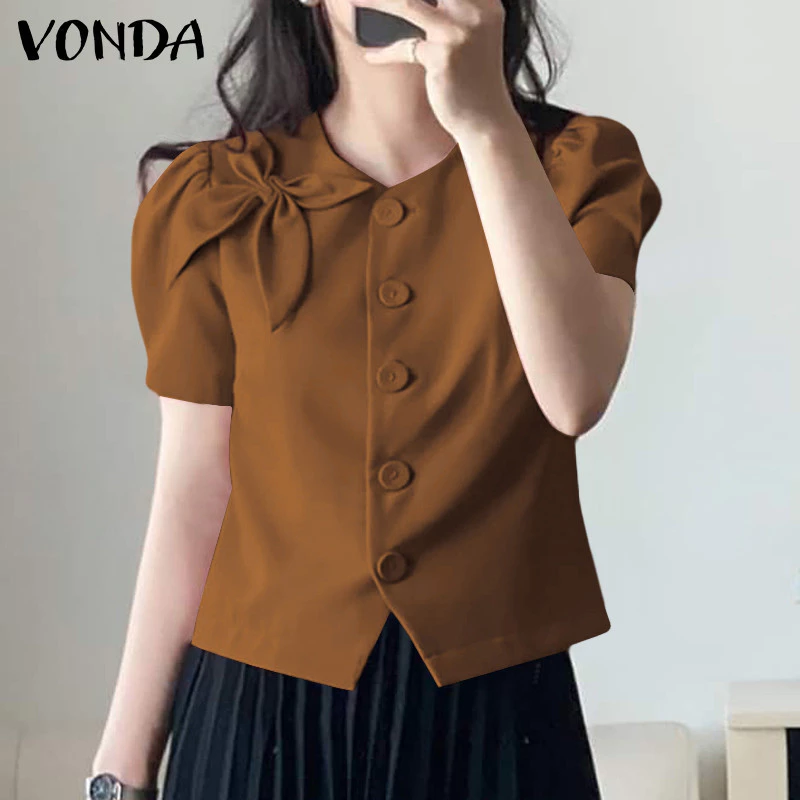 58% OFF VONDA Women Korean Casual Round Neck Solid Color Short Sleeve Blouse