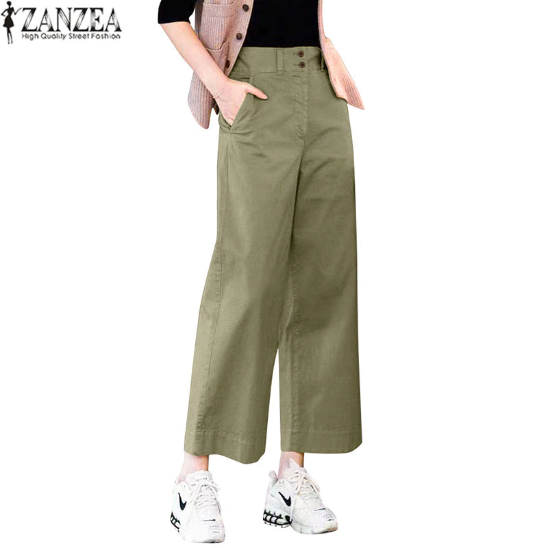 35% OFF ZANZEA Celmia Women Holiday Casual Button Solid Loose Waist Pants