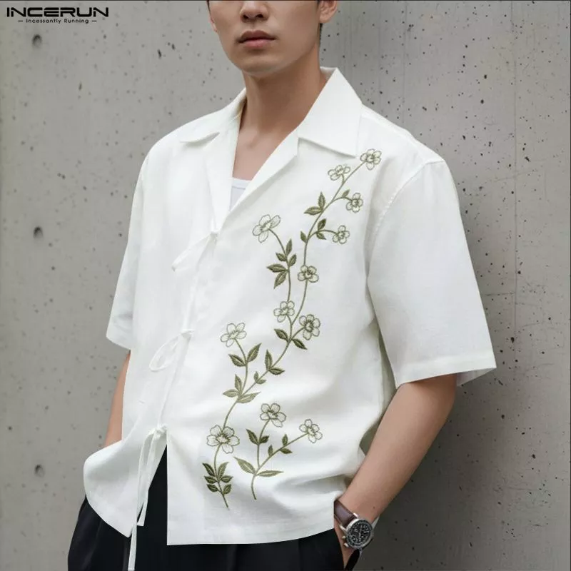 60% OFF INCERUN Men Korean Elegant Casual Turn-Down-Collar Short Sleeve Floral Embroidery Shirts