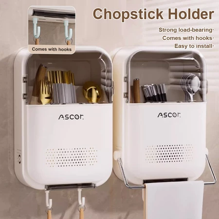 29% OFF Wall-Mounted Dustproof Cutlery Organizer with Flip Lid - Space-Saving Spoon, Fork & Chopstick Holder featuring Detachable Drain Tray