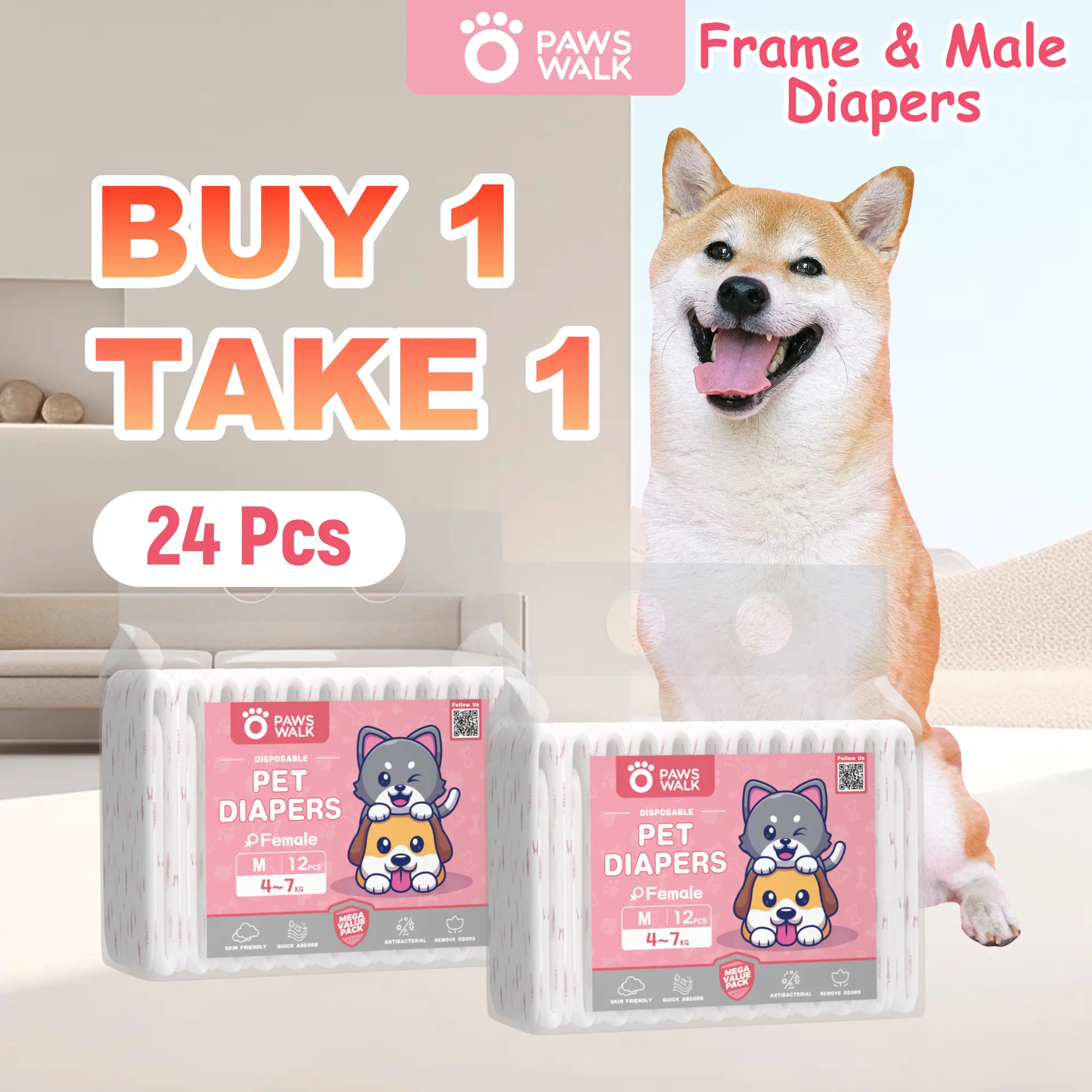 74% OFF【PawsWalk】Male&Female 24PCS Dog Diaper Pet Wraps Diaper Female Diapers XXS XS S M L XL