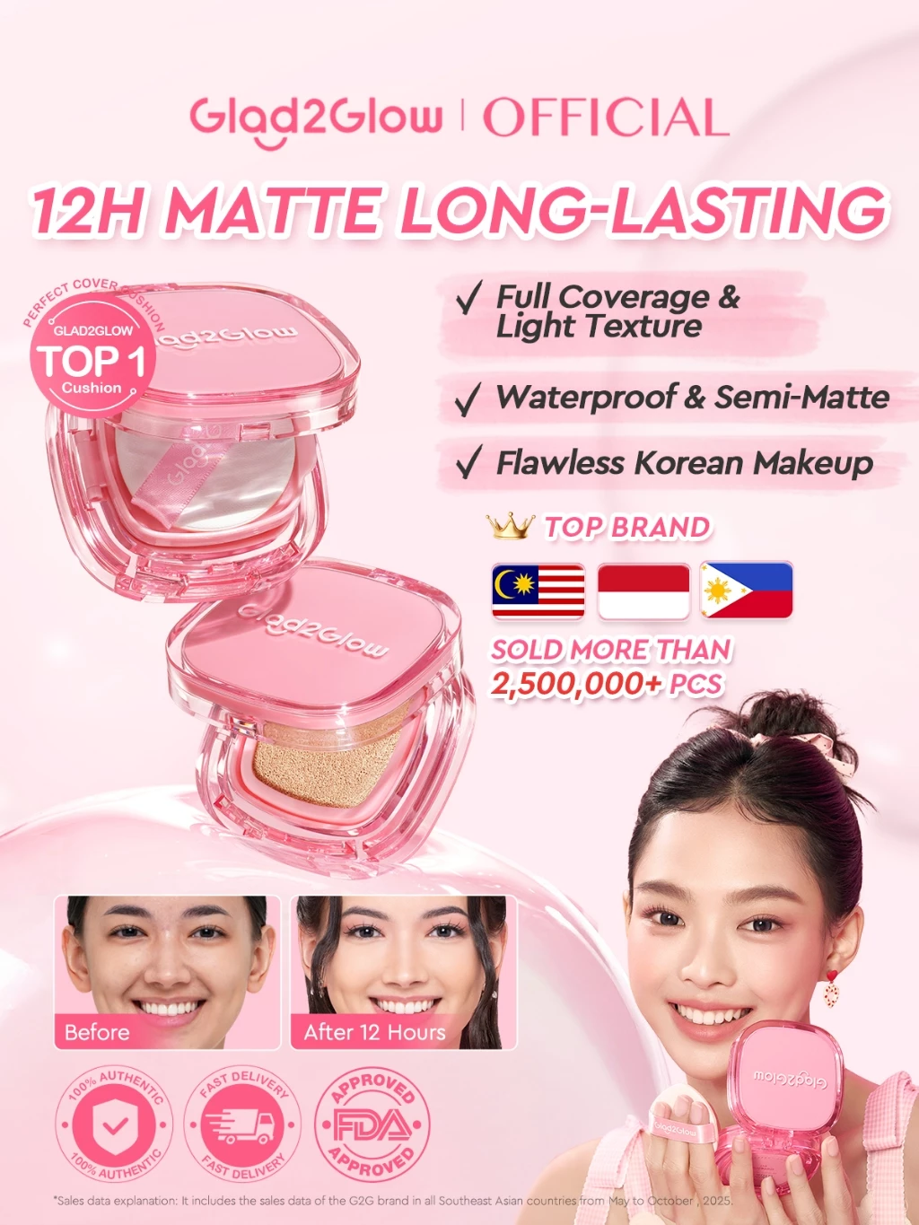 82% OFF [TOP]Glad2Glow Perfect Cover Cushion Foundation High Coverage 12H-Lasting Waterproof Matte Makeupset
