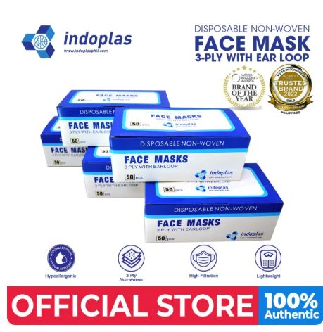 90% OFF Indoplas Disposable Face Mask 3-Ply with Earloop 5 boxes (250 pcs)