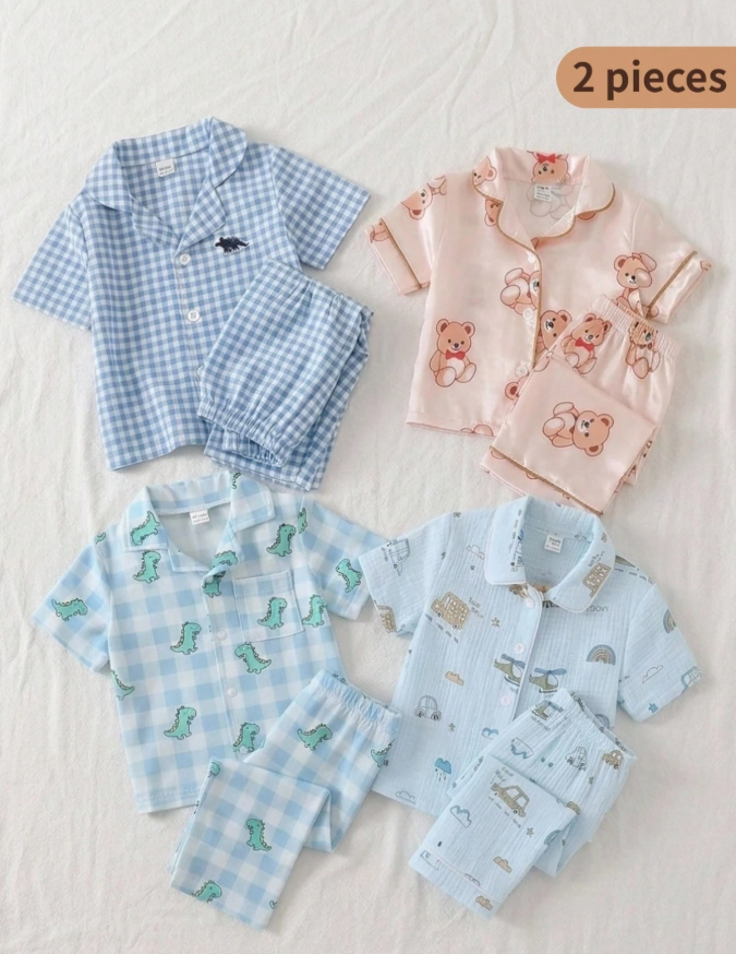 14% OFF Baby BoyBlue & White Plaid 3D Dinosaur Embroidery Lapel Cardigan + White Button Short Sleeve Pants, Convenient Wear, Loose Fit Casual Outfit For Home & Outdoor