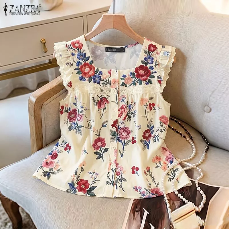 47% OFF ZANZEA Women's Korean Fashion Simple Square Neck Sleeveless Loose Printing Tanks