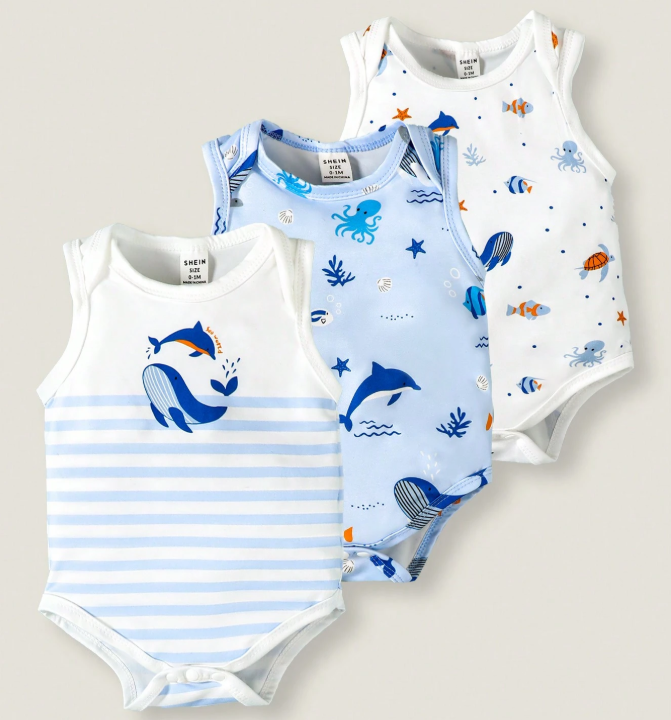 10% OFF SHEIN Playful Pals 3pcs Baby Boys' Summer Cute Sealife Printed Short Sleeve Bodysuit