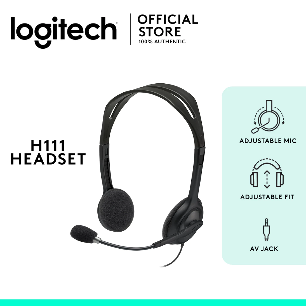 7% OFF Logitech H111 Wired Headset, Stereo Headphones 3.5 mm Audio Jack with Noise-Reduction Microphone - Black PC Laptop