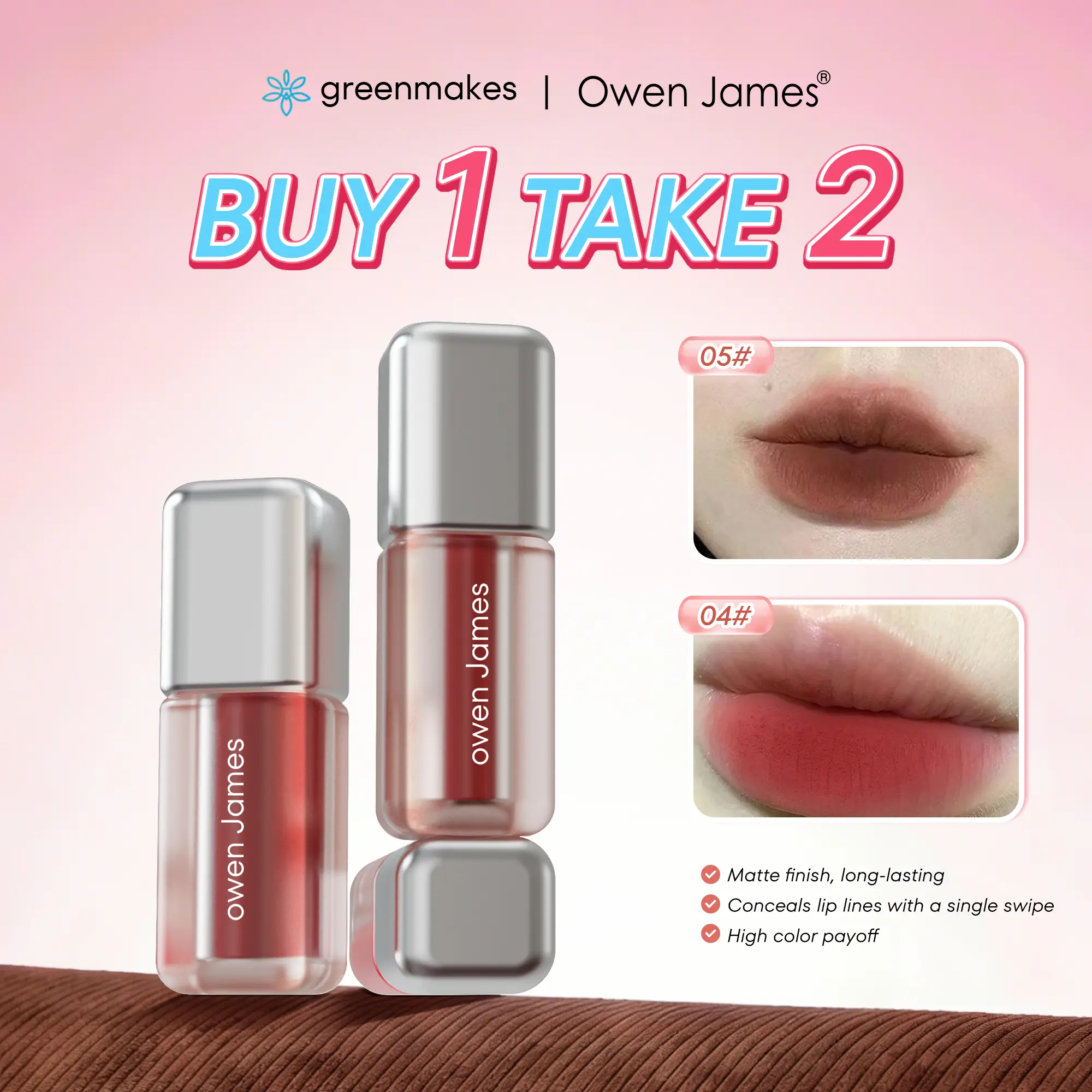 50% OFF【BUY 1 TAKE 2 】【FDA Approved】White Owen James Matte and Long lasting Velvet Lip Gloss Nature for Students