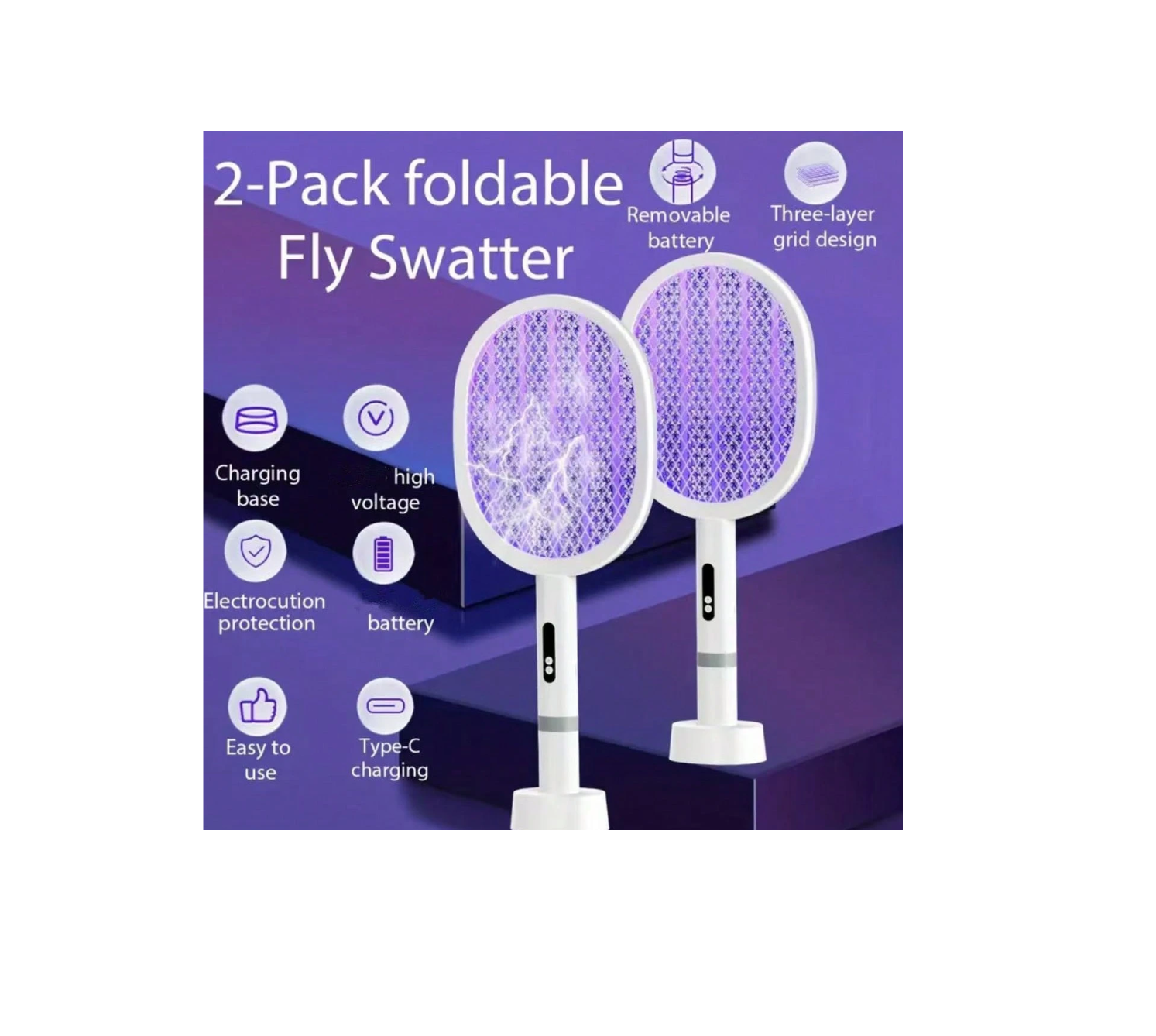 10% OFF OBOVAY 2pcs Electric Mosquito Swatter, Fly Trap Lamp, USB Rechargeable Fly Zapper, 2-In-1 Bug Zapper, 3-Layer Mesh Portable Racket, Suitable For Indoor & Outdoor, Garden, Patio, 500mAh