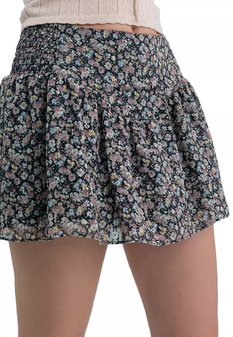 60% OFF Floral Mid Waist Mini Skirt With Smocking