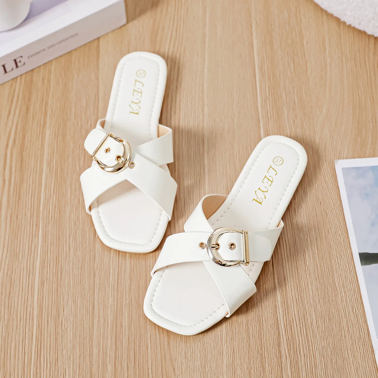 43% OFF Leya  Women's Flat Sandals forAutumn and Winter-Square Buckle Design,Flipflop Style-Footwear, Shoes Girl WalkingShoes Slippers Dance