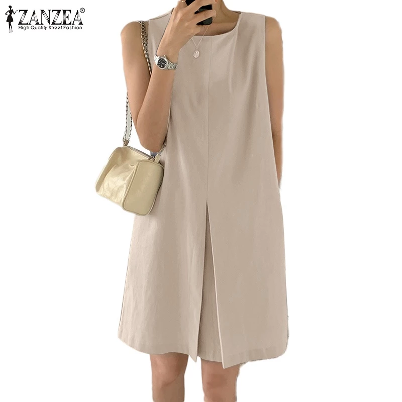 58% OFF ZANZEA Women Summer Sleeveless Crew Neck Back Button Knee Length Dresses