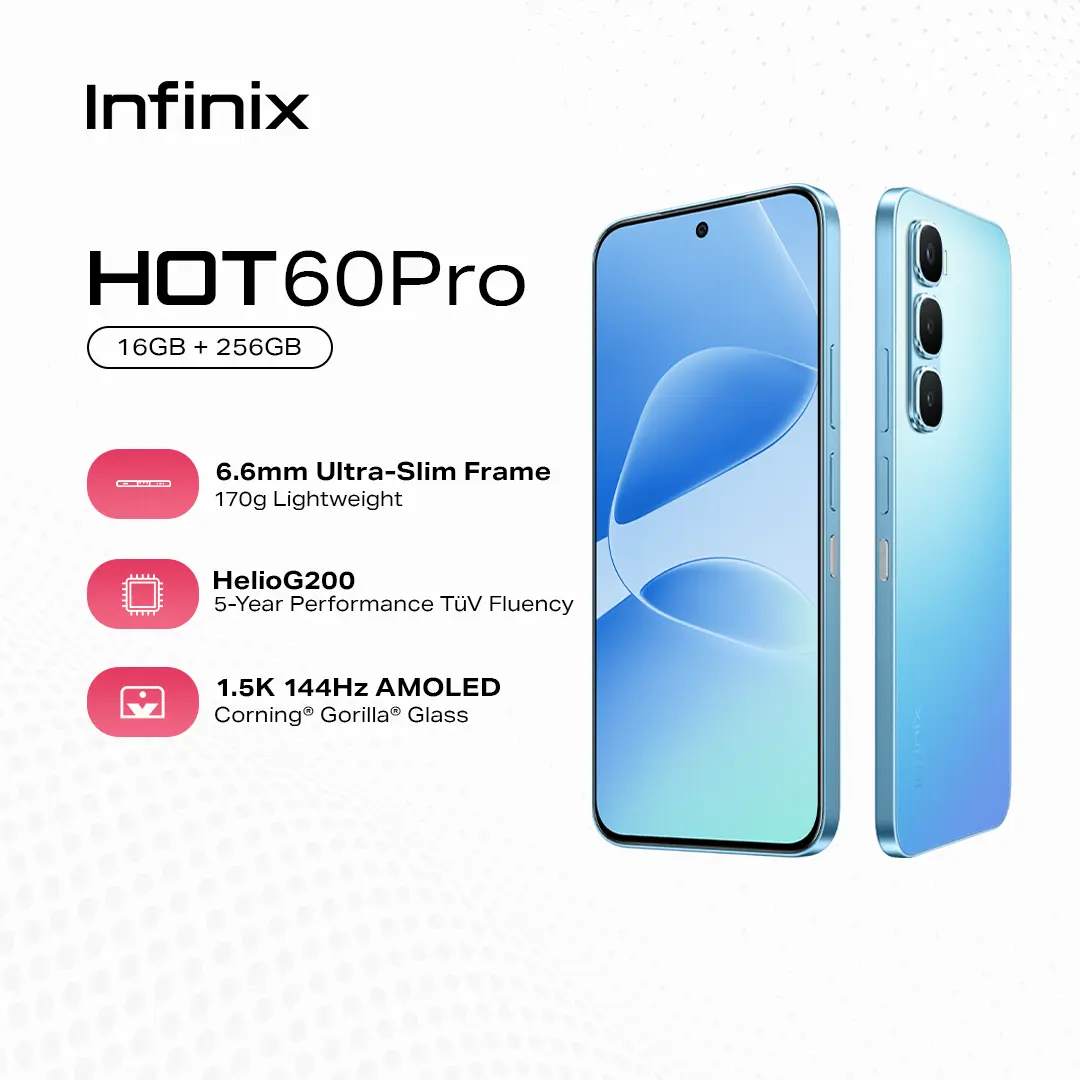 30% OFF 「Infinix KOLs」- Infinix HOT 60 Pro, (up to 16GB [8GB + 256GB] | 6.6mm Ultra-Slim Frame | 170g Lightweight | Helio G200 | 5 Year Performance TUV Fluency | 144Hz AMOLED | Corning Gorilla Glass | 5160 mAh (1 year local warranty) Smart Phone
