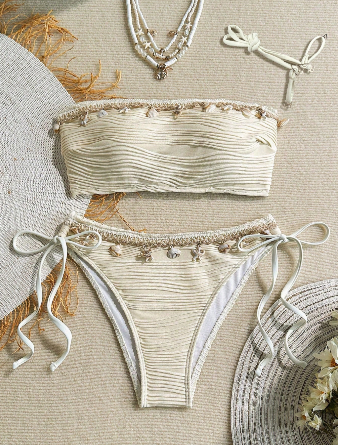 17% OFF Swim Vcay Summer Women 2pcs Textured Solid Color Shell Strap Decor Halter Tie Bikini Set Set, Handmade Shell Quantity Random