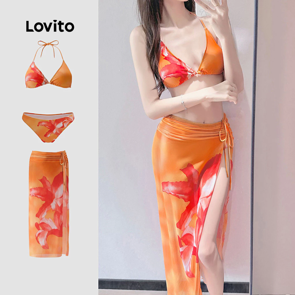 12% OFF Lovito Women Sexy Bikini Sets 3 Piece Set Lace Up Spring/summer Coral Orange Bikini Sets LNE134094