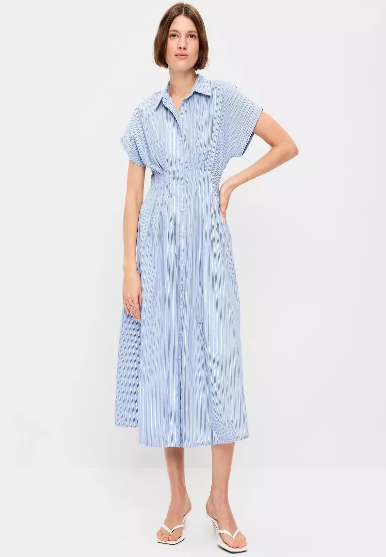 49% OFF Smocked-Waist Midi Shirt Dress