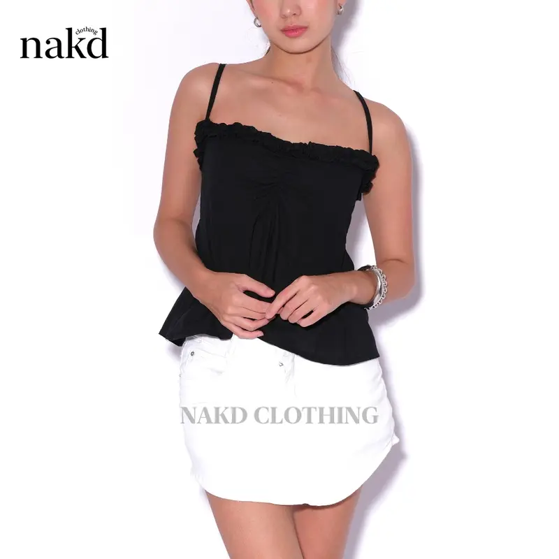 54% OFF NAKD FASHION DOROTHEA BASIC COTTON LINEN SPAGHETTI FRONT RUFFLE SUMMER DAILY CASUAL SEXY TOP 6075
