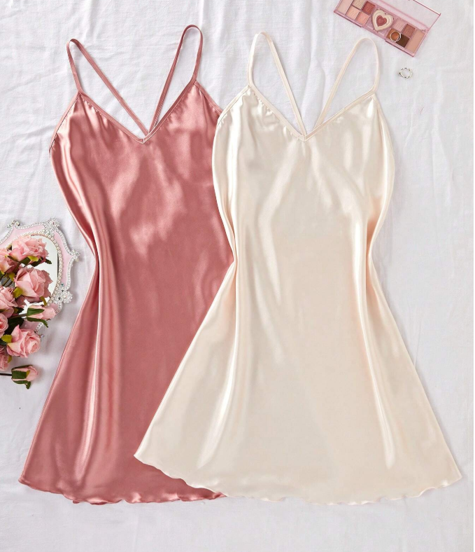 3% OFF SilkySpell 2pcs Women's Spaghetti Strap Backless Gentle Sweet Solid Color Cross-Strap Satin Nightdress Two-Color Luxeloungewear