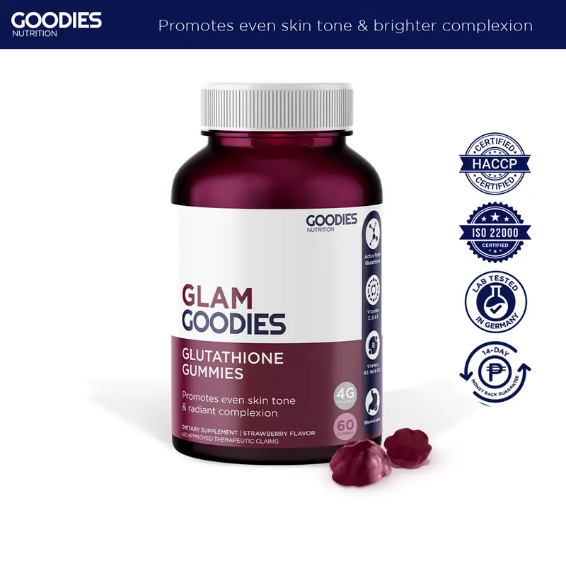 28% OFF GOODIES NUTRITION Glutathione Gummies – Glam Goodies – 1 bottle (60 Gummies) - Improve Skin Texture & Complexion - Strawberry-Flavored Supplement  Beauty Vitamin C Vitamin D  Vitamin E Vitamin B2  Vitamin B6  Folate  Vitamin B12  Biotin Zinc