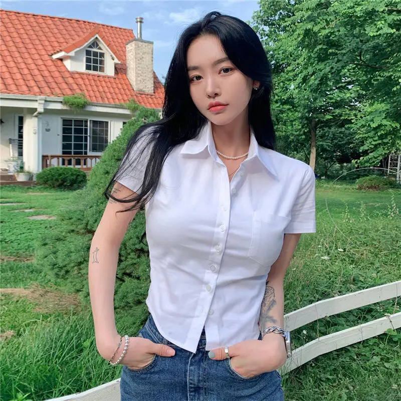 62% OFF S-2XL Women's college style white shirt PoLo neck short sleeved top Womenswear Blouse