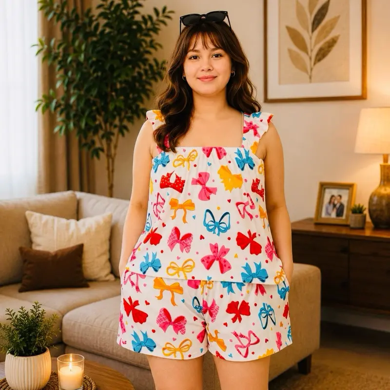 44% OFF FreeSize Butterfly Terno For Women Best Fit Medium-2XL Body Frame Cotton Spandex Floral Biege Sleeveless Top Shorts Set