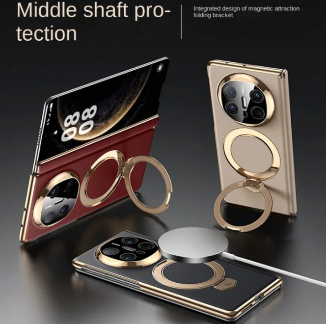 32%OFF Huawei Mate X6 Mate X5 X3 Camera Protection Back Cover Luxury Plain Leather Rotating Metal Magnetic Holder Central Hinge Phone Case