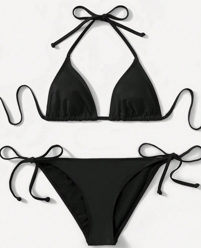 12% OFF SHEIN Swim 2pcs 2025 Solid Color Halter Top & Tie Back Bottom Bikini Set, For Summer Beach Vacation