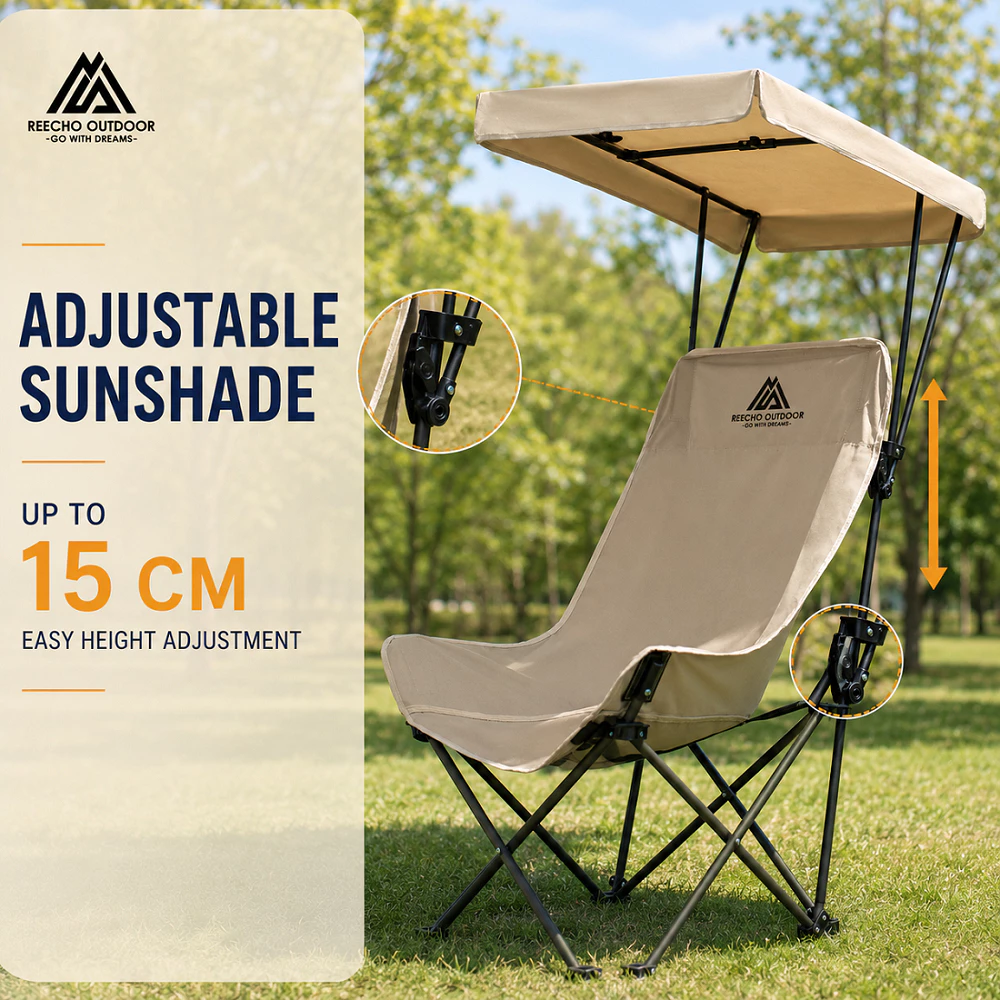 78% OFF 【REECHO OUTDOOR】High Back Camping Chair with Adjustable Sunshade Canopy Portable Foldable Chair for Beach Fishing Picnic