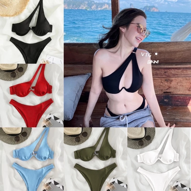 31% OFF Women Sexy Ribbed Cut Out and One Shoulder Bikini Swimsuit