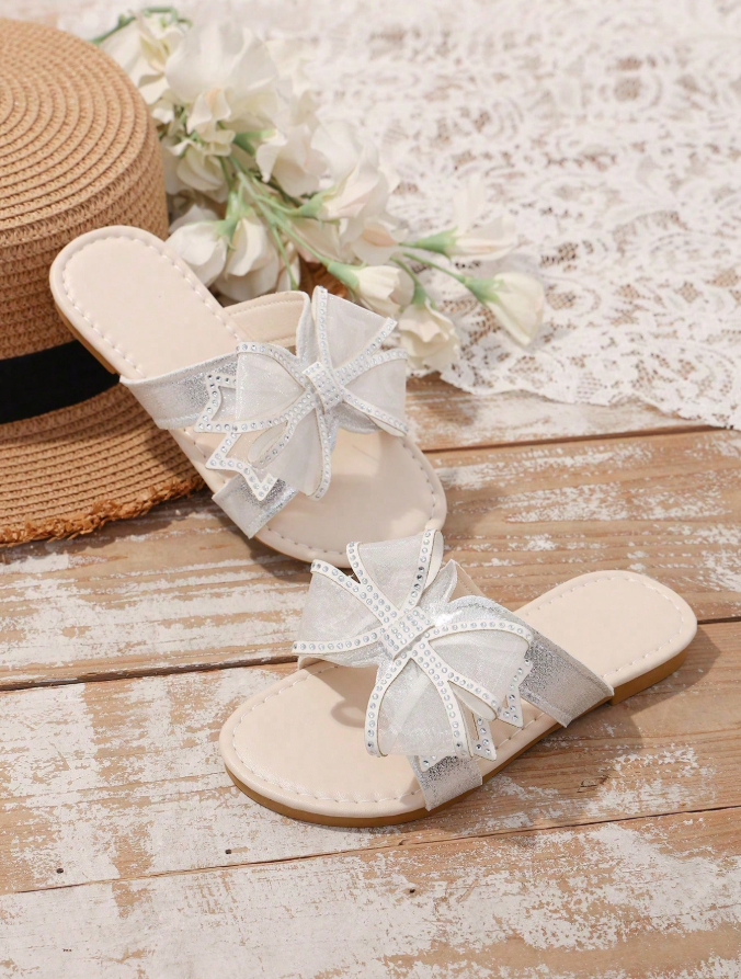 42% OFF 1 Pair Women's Beige Flat Slippers, Sparkling Colorful Crystal Rhinestones + Transparent Mesh Big Bow Decor, Minimalist Round Toe Open Toe Soft Non-Slip Slip-On Design, Bohemian Fashion Cute Princess Beach Sandals Suitable For Daily Casual