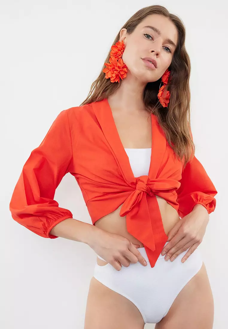 79% OFF 3/4 Puff Sleeves Crop Blouse