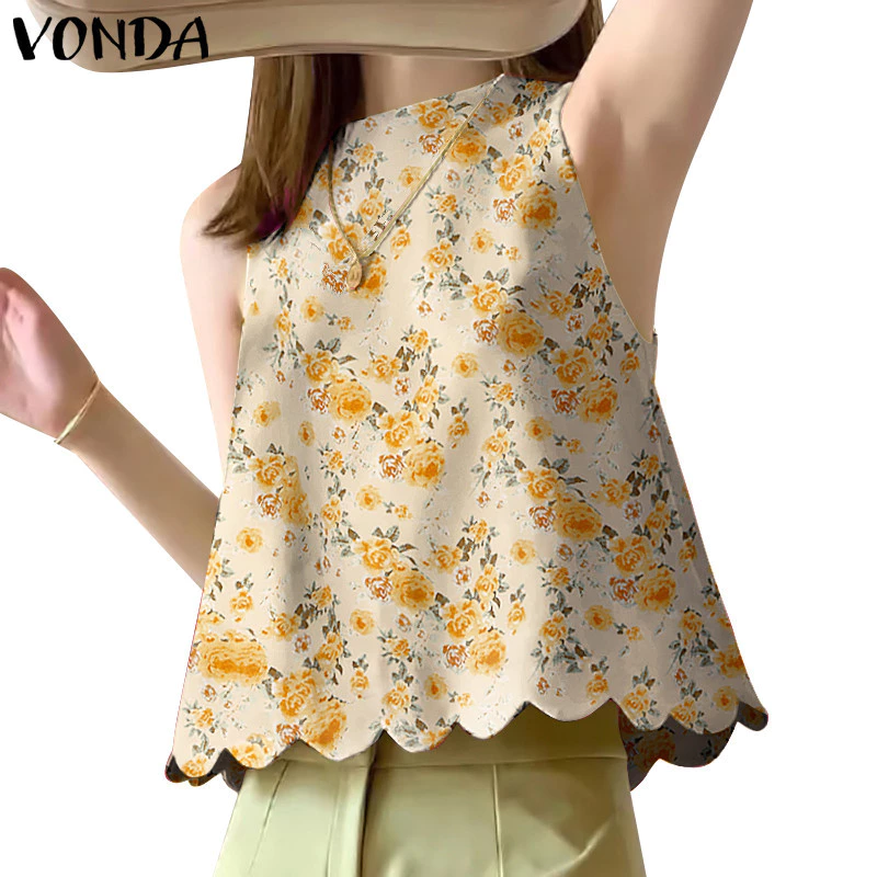 52% OFF VONDA Women Korean Round Neck Sleeveless Burnt Flower Holiday Tanks