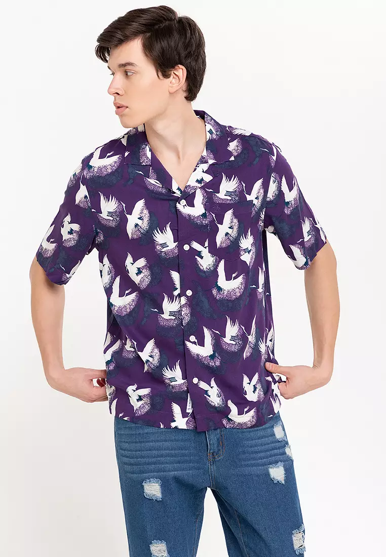 40% OFF Cranes Print Button Down Woven