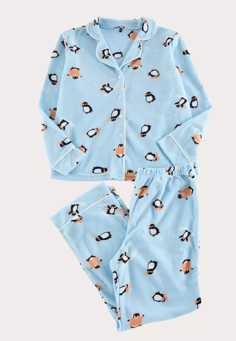 50% OFF Penguin Patterned Blue Knitted Pajama Set - Shirt Collar Tbbaw25Ai00050