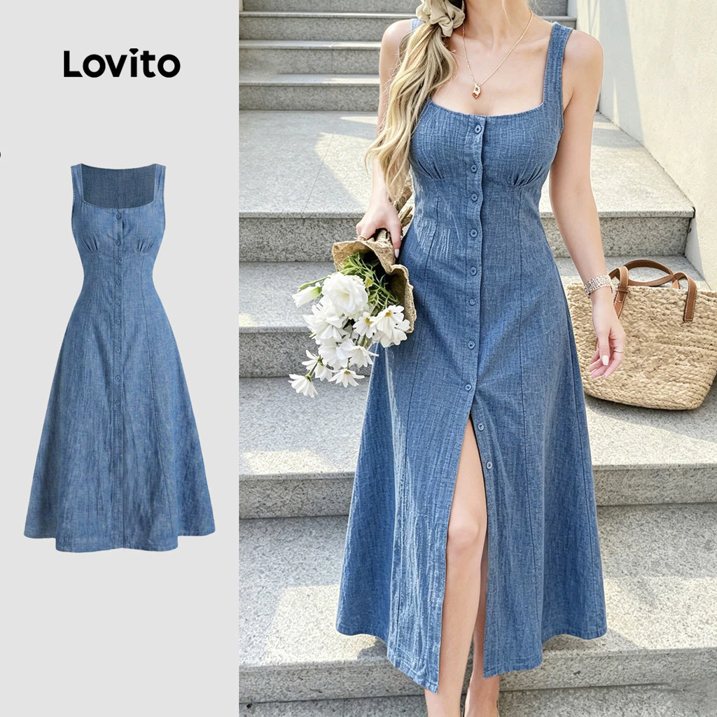 40% OFF (New Arrival) Lovito Women Elegant Spring/Summer Blue Dress LK7ED1409