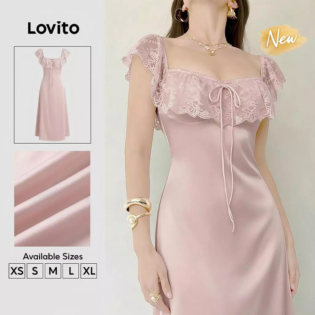 40% OFF (New Arrival) Lovito Women Elegant Dress 90s Y2K Retro Lace Fabric Stitching Lace Up Spring/summer Pink Dress DRK9P1D509