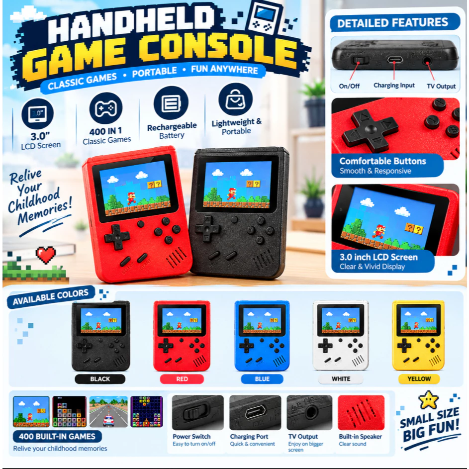58% OFF [SHANSHAN] Gameboy Handheld Game Console 400 Games 3-inch Portable Rechargeable Color Screen