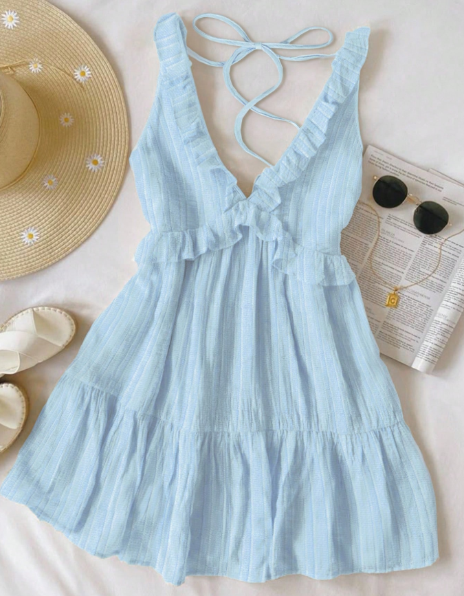 4% OFF INAWLY Women's Simple Ruffled Strap Solid Mini Dress, In Light Yellow, Suitable For Summer Leisure & Vacation