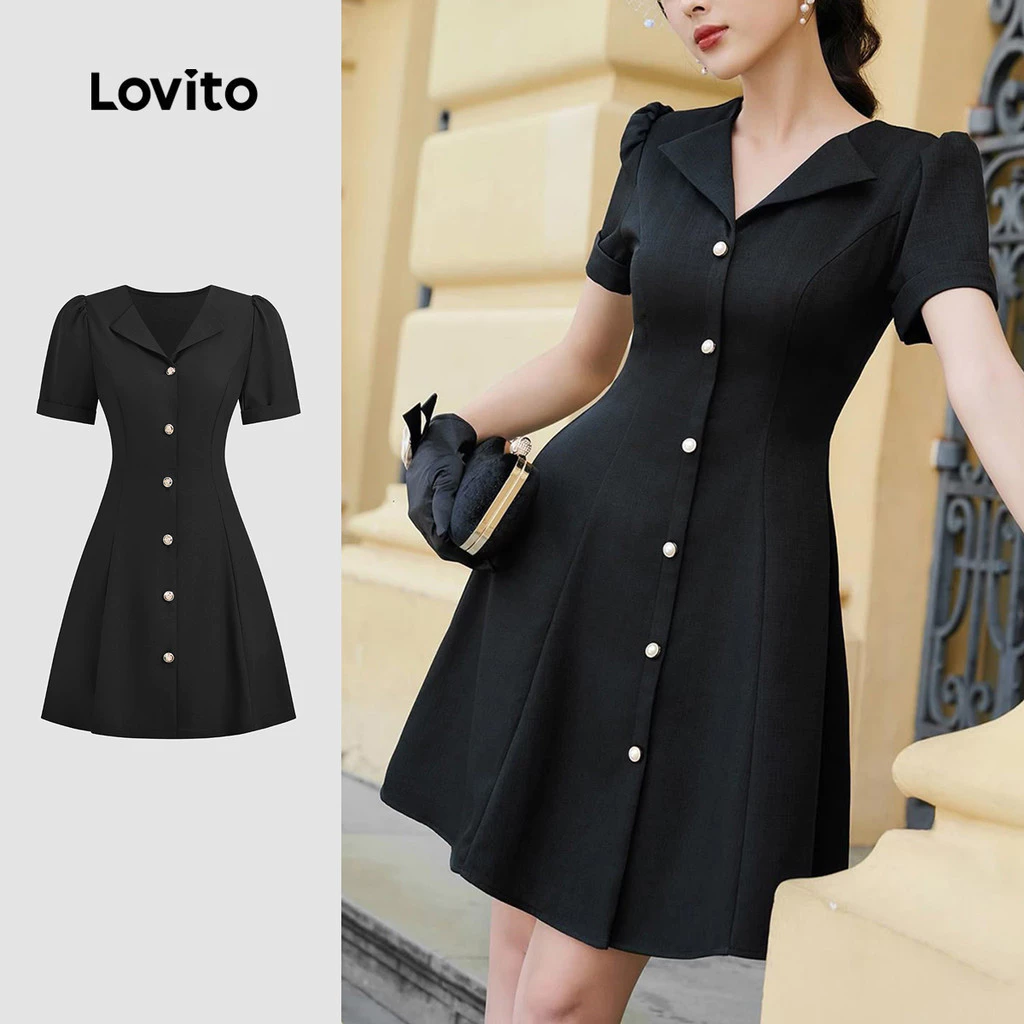 27% OFF Lovito Women Elegant Dress Button Front Metal Buckle Commute Spring/summer Black Dress L142ED089