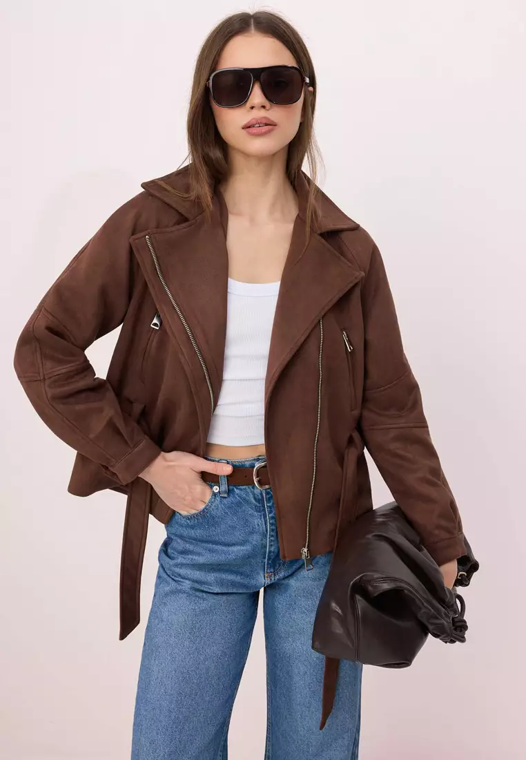 47% OFF Trendyol Brown Regular Fit Belted Suede Coat Twoss26Mo19