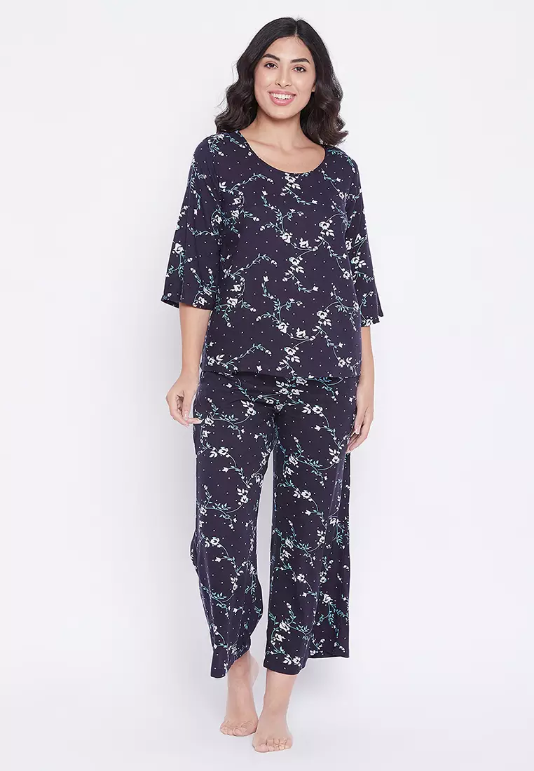 75% OFF Clovia Pretty Florals Top & Pyjama Set in Blue - Rayon