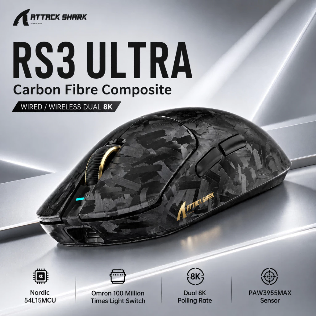 41% OFF ATTACK SHARK RS3 ULTRA Carbon Fiber Wireless PAW3955MAX Gaming Mouse Dual 8000Hz Polling Rate 8K